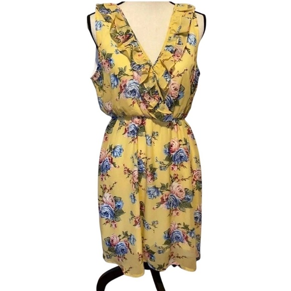Love Tree Yellow Floral Print Lined Dress Ruffle Tie Back Size Large EUC - Picture 1 of 7